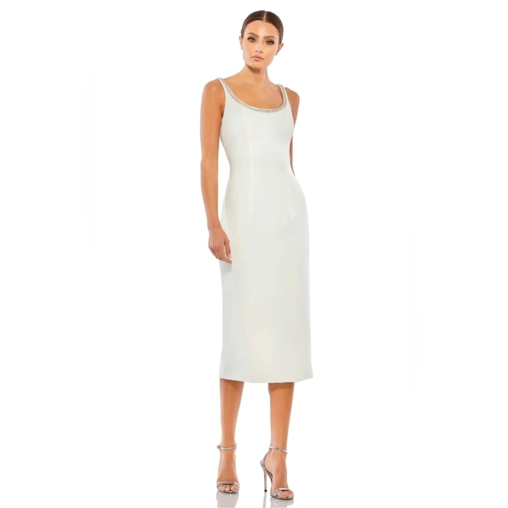 Mac Duggal Cream Beaded Scoop Neck Midi Dress